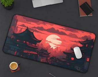 Japanese Moon Desk Mat | Red Aesthetic Mousepad | Cute Office Decor | Trendy Desk Accessory | Colorful Desk Pad for Work & Home