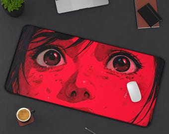 Söt röd animeflicka Lofi musmatta | Kawaii skrivbordsmatta | Estetisk japansk konst | Otaku-speldekor | Present till animeälskare