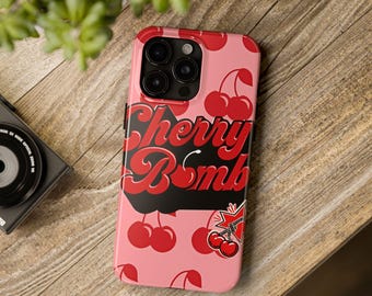 Cherry Bomb Phone Case | Cute Pink Red Aesthetic Cover | Glossy Fruit Design | Protective TPU Bumper | Wireless Charging Friendly