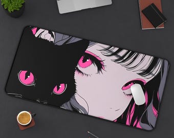 Dark Anime Girl Waifu Mousepad with Cat | Sexy Kawaii Desk Mat | Gothic Anime Mouse Pad | Aesthetic Gamer Desk Decor | Otaku | Desk Setup
