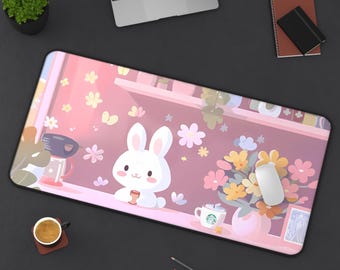 Pink Cat Deskmat | Cute Kawaii Neko Gaming Mousepad | Aesthetic PC Mat | Non-Slip Durable Large Pad for Gamers | Custom Office Decor Gift