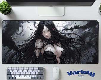 Dark Gothic Angel Deskmat | Emo Waifu Anime Mouse Pad | Sexy Neoprene Desk Gift | Gamer Office Desk Accessory | Aesthetic Setup Decor