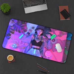 Tappetino per mouse con ragazza carina, stile Lofi Neon Punk / Tappetino da scrivania con anime kawaii / Tappetino per mouse da gioco / Decorazione estetica per scrivania / Regalo con arte Vaporwave / Configurazione della scrivania