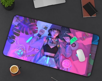 Söt tjej Lofi Neon Punk musmatta | Kawaii Anime skrivbordsmatta | Gamingmusmatta | Estetisk skrivbordsdekor | Vaporwave konstgåva | Skrivbordssetup