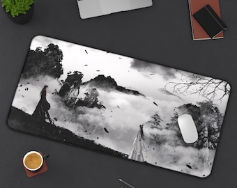 Japanischer Samurai Mousepad | Schwarz Weiss Landschaft Schreibtischmatte | Ink Wash Gaming Pad | Ronin Landschaftskunst | Einfarbiger Krieger Büro Dekor