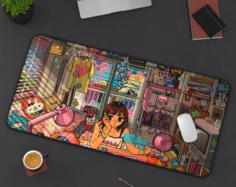 Lofi Anime Girl Schreibtischunterlage | Ästhetisches Gaming Mousepad | Chill PC Matte | Rutschfestes langlebiges großes Pad für Gamer | Kundenspezifisches Bürodekor-Geschenk
