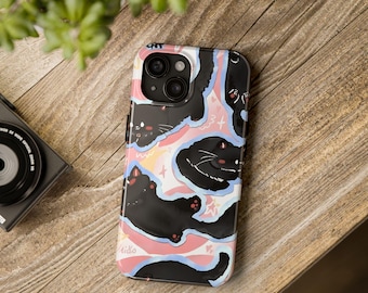 Cute Black Cats iPhone Case | Kawaii Kitten Phone Cover | Dark Animal Case | Protective Glossy | Wireless Ready | Gift for Cat Lovers