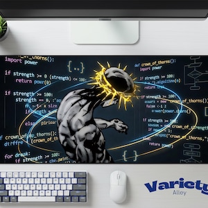 May include: Mouse mat with a black background, featuring a graphic of a figure with a glowing crown, surrounded by code. The design includes blue and yellow lines and the text "Variety Alley".
