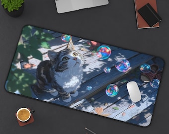 Cute Cat Bubbles Mousepad | Lofi Scenery Desk Mat | Kawaii Aesthetic Decor | Cozy Gamer Gift | Chill Study Setup | Soft Vibe Workspace