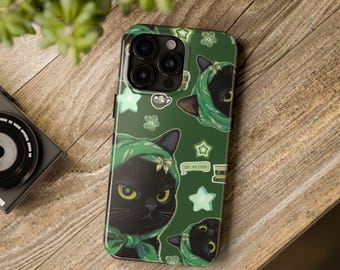 Cute Couple Cat Phone Case | Green Lofi Kawaii Aesthetic Cover | Cozy Cat Love Design | Glossy Protective Bumper Case | Wireless Friendly