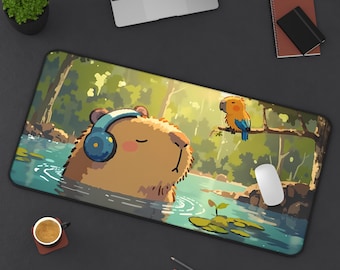Capybara Cute Kawaii Deskmat | Estetyczna podkładka pod mysz do gier | Zwierzęca podkładka pod komputer | Antypoślizgowa, trwała, duża podkładka dla graczy | Niestandardowy prezent dekoracyjny do biura
