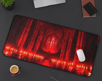Goth Church Red Mousepad | Dark Aesthetic Desk Mat | Gothic Architecture Art | Moody Scene Decor | Gaming Mouse Pad Red Black