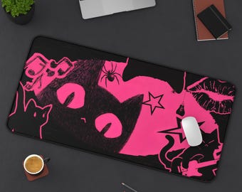 Chat noir rose tapis de souris | Joli tapis de bureau kawaii | de protection esthétique pour chat | Décoration d'espace de travail confortable | Tapis de souris gaming et étude