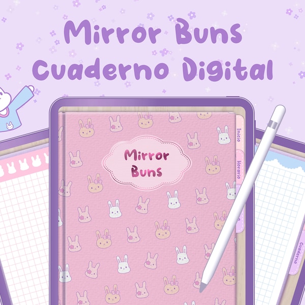Cuaderno digital Mirror Buns, lindo cuaderno, goodnotes con pestañas y stickers de conejito kawaii, rayado, cuadrícula, punteado, blanco