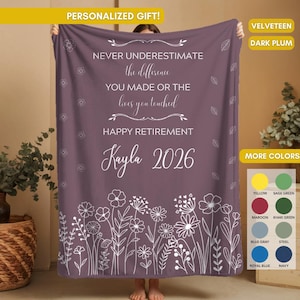 Personalized Retirement Blanket For Women, Custom Floral Throw Gift For Coworker, Teacher, Nurse Or Boss, Elegant Keepsake Gift For Her
