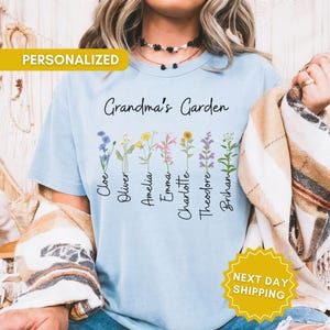Grandma Shirt with Custom Birth Flowers and Names, Personalized Garden Tee, Custom Birthday Gift, Mama&#39;s Garden Shirt, Mother&#39;s Day Gift