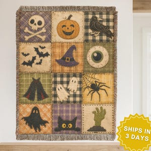 Vintage Halloween Patchwork Woven Blanket, Ghost Pumpkin Black Cat Throw, Spooky Season Decor, Cottagecore Fall Home Gift