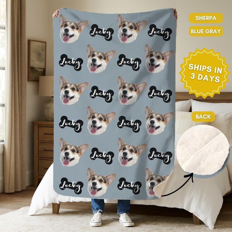 Custom Dog Face Blanket With Name Personalized Pet Photo Pattern Throw ...