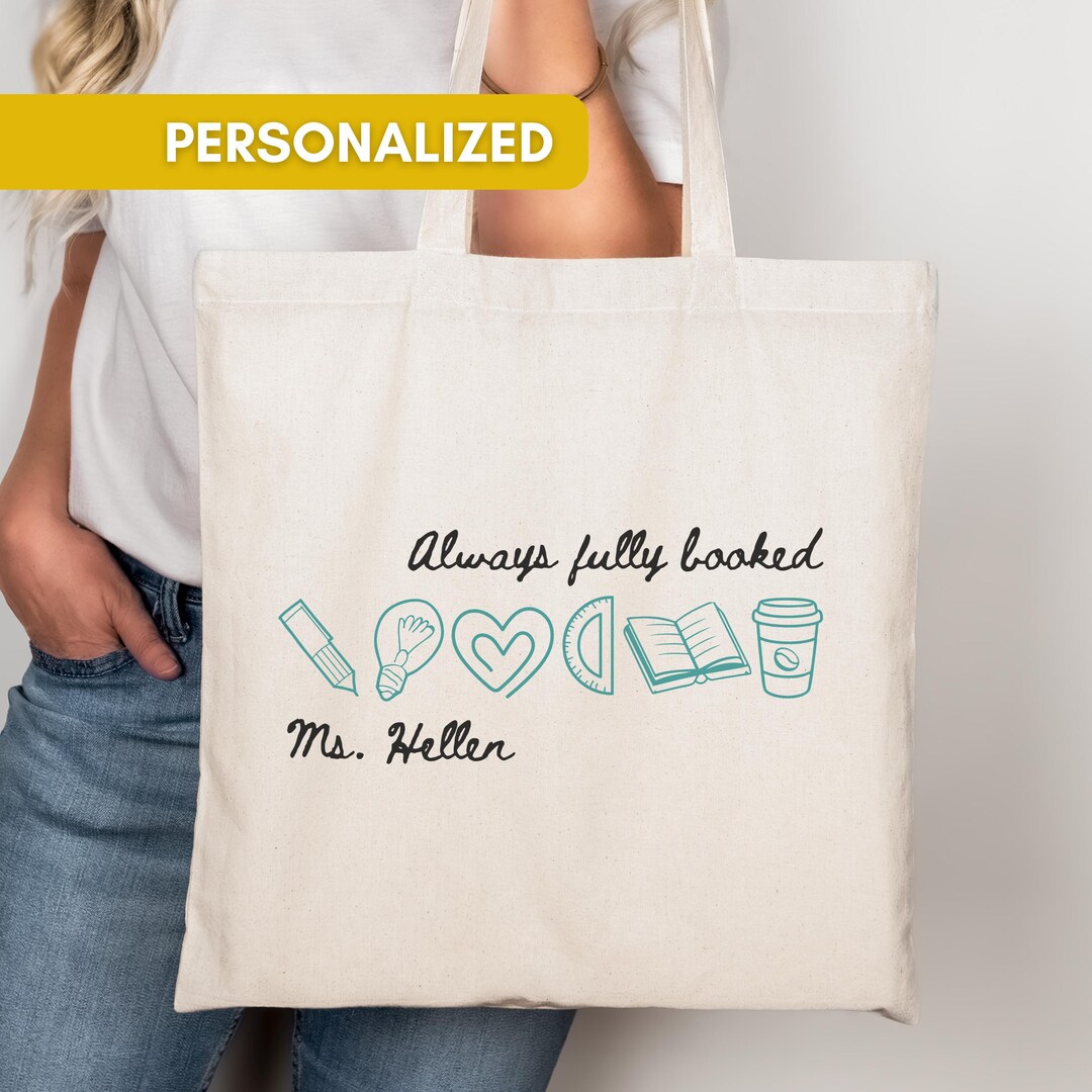 Personalized Teacher Tote Bag, Custom Name Canvas Bag With School Icons ...