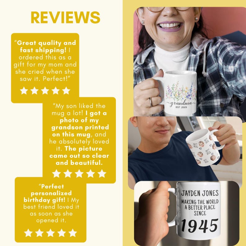 May include: Three white ceramic mugs featuring custom designs. One mug displays a floral pattern with the text 'grandma EST. 2023', another shows a repeating pattern of baby faces with hearts, and the third features the text 'JAYDEN JONES MAKING THE WORLD A BETTER PLACE SINCE 1945'.