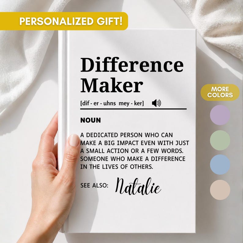 Personalized Difference Maker journal with dictionary-style definition, custom name, black and white minimalist cover, appreciation notebook for mentor, teacher, boss, coworker, leader, or employee thank you gift.