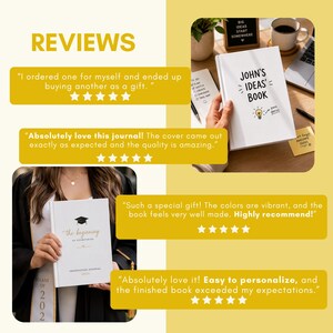 Puede incluir: Un diario de tapa dura blanco titulado John's Ideas Book con un gr&aacute;fico de bombilla y un segundo diario blanco titulado The Beginning of Everything con un gr&aacute;fico de birrete, ambos mostrados con rese&ntilde;as de clientes y cinco estrellas.