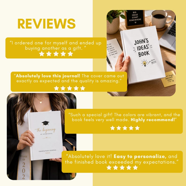 Puede incluir: Un diario de tapa dura blanco titulado John's Ideas Book con un gr&aacute;fico de bombilla y un segundo diario blanco titulado The Beginning of Everything con un gr&aacute;fico de birrete, ambos mostrados con rese&ntilde;as de clientes y cinco estrellas.