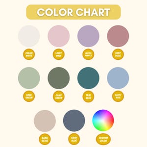 Puede incluir: Una carta de colores con once muestras circulares y sus etiquetas correspondientes: Cream White, Light Pink, Muted Purple, Deep Rose, Sage Green, Olive Green, Teal Blue, Dusty Blue, Sand Beige, Gray Blue y un c&iacute;rculo de Custom Color arco&iacute;ris.