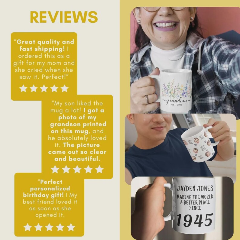 May include: The image showcases white ceramic mugs with various designs. One mug features floral artwork and the word "grandma." Another displays a personalized design with faces, and a third mug has the text "Jayden Jones Making the World a Better Place Since 1945."