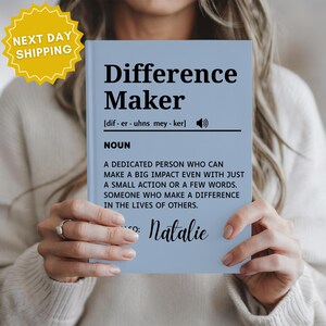 Personalized Difference Maker journal with dictionary-style definition, custom name, black and white minimalist cover, appreciation notebook for mentor, teacher, boss, coworker, leader, or employee thank you gift.