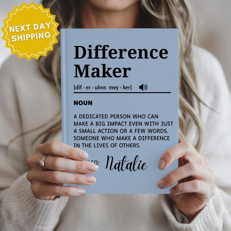 Personalized Difference Maker journal with dictionary-style definition, custom name, black and white minimalist cover, appreciation notebook for mentor, teacher, boss, coworker, leader, or employee thank you gift.