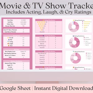 May include: A digital movie and TV show tracker displayed on a computer screen. The pink and white spreadsheet includes acting, laugh, and cry ratings, along with charts and graphs. The text on the screen reads "Movie & TV Show Tracker" and "Google Sheet | Instant Digital Download."