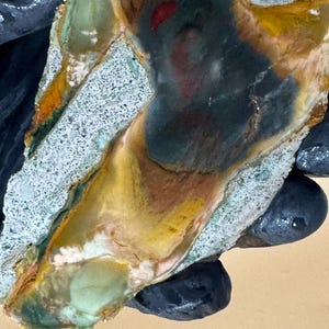 May include: A polished stone with a unique pattern of colors. The stone features a mix of green, yellow, brown, and red hues. The edges have a rough, textured appearance, while the interior is smooth and polished. The stone is held by a gloved hand.