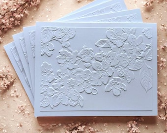 Embossed Cherry Blossom Greeting Card Set - Blank White Cards