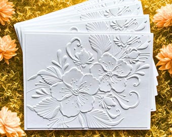Embossed Floral Greeting Card Set: Handmade White Blank Cards