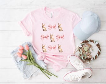 Pastel Bunny & Bow Tee – Cute Easter Shirt, Adorable Bunny T-Shirt, Soft Spring Outfit, Cottagecore Aesthetic, Bunny Lover Gift