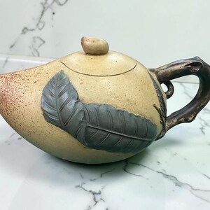 Vintage Handcrafted Teapot with Leaf Motif | Rustic Artisan Clay Teapot | Collectible Chinese Teaware
