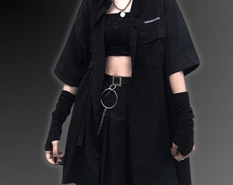 Techwear Gothic Shirt, Emo Clothes, Grunge Clothes, Japanese Streetwear, Egirl Techwear, Goth Aesthetic