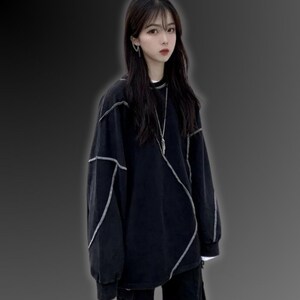 Pull Cyberpunk Harajuku, Pull surdimensionné, Streetwear japonais, Pull Techwear, Pull esthétique, Manches longues, Sweat-shirt Patchwork image 3