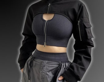 Techwear Goth Crop Top Jacke, offene Brust Ärmel Crop Top, Fairy Grunge, Cyberpunk Kleidung, Rave Jacke, Harajuku, japanische Streetwear