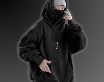 High Collar Cyberpunk Hoodie, Loose Fit, Oversized Hoodie, Harajuku, Techwear Hoodie, Japanese Streetwear, Y2K Top