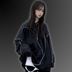 Pull Cyberpunk Harajuku, Pull surdimensionné, Streetwear japonais, Pull Techwear, Pull esthétique, Manches longues, Sweat-shirt Patchwork Black