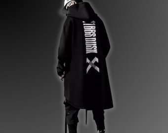 Langer Techwear Mantel, Harajuku, Übergroße Kapuzenjacke, koreanische Faschion, Gothic Kleidung, Y2K Jacke, Cyberpunk, Techwear Jacke