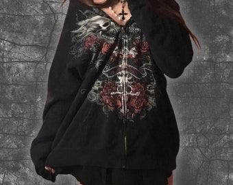 Gothic Fairy Grunge Zip-Up Hoodie, Skull Print Hoodie, Y2K Hoodie, Grunge Aesthetic, Oversized Sweatshirt