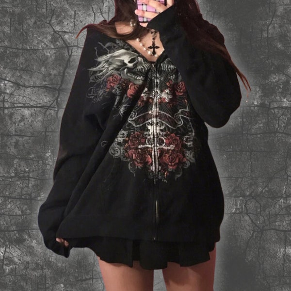 Gotische Fairy Grunge Zip-Up Hoodie, Skull Print Hoodie, Y2K Hoodie, Grunge Esthetisch, Oversized Sweatshirt