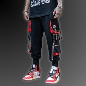 Techwear Pants, Red Details, Harem Pants, Cyberpunk Pants, Harajuku, Sweatpants, Y2K Clothing, Multiple Pocket Pants, Techwear Clothing