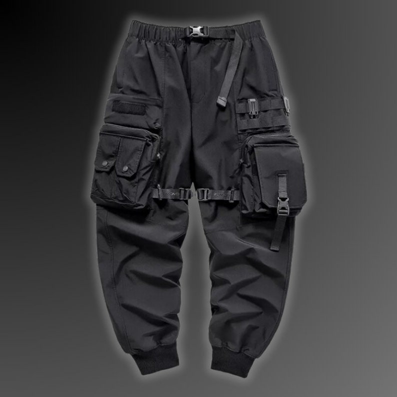 Zwarte Cyberpunk Cargobroek, Techwear Broek, Multi-Pocket Broek, Japanse streetwear, Techwear Joggers, Y2K Cargo Broek afbeelding 1