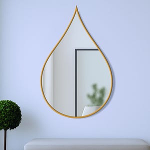 ティアドロップ型木製壁掛けミラー、ウォータードロップ装飾ステートメントティアドロップミラー、壁装飾用、ファームハウススタイル、ゴールドブラックフレーム