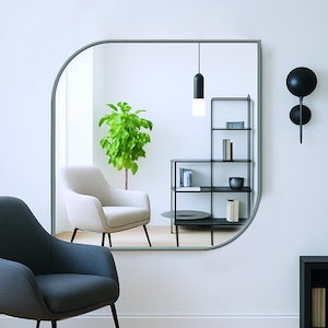 Miroir mural carré en bois avec coin arrondi, miroir de courtoisie double moderne pour salle de bain, décoration murale contemporaine minimaliste pour entrée