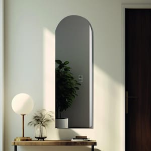 May include: A tall, vertical wall mirror featuring a smooth, arched top design. The reflective glass surface is framed by a clean, simple edge, providing a clear view of the surrounding space. This piece is mounted flat against the wall.